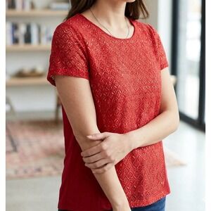 LINEN Ralph Lauren Blouse Womens Small Red Print Short Sleeve Relaxed‎ Fit